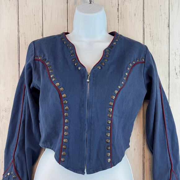 VTG Sugar Ranch Blue Cotton Denim Stud Full Zip Western Crop Jacket Size Small - Picture 2 of 16